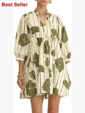 Floral Babydoll Mini Dress with V Neck and 3/4 Puff Sleeves